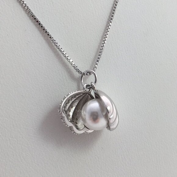 Jewelry necklace pendant shell beach white pearl 925 sterling silver with chain - Picture 2 of 8